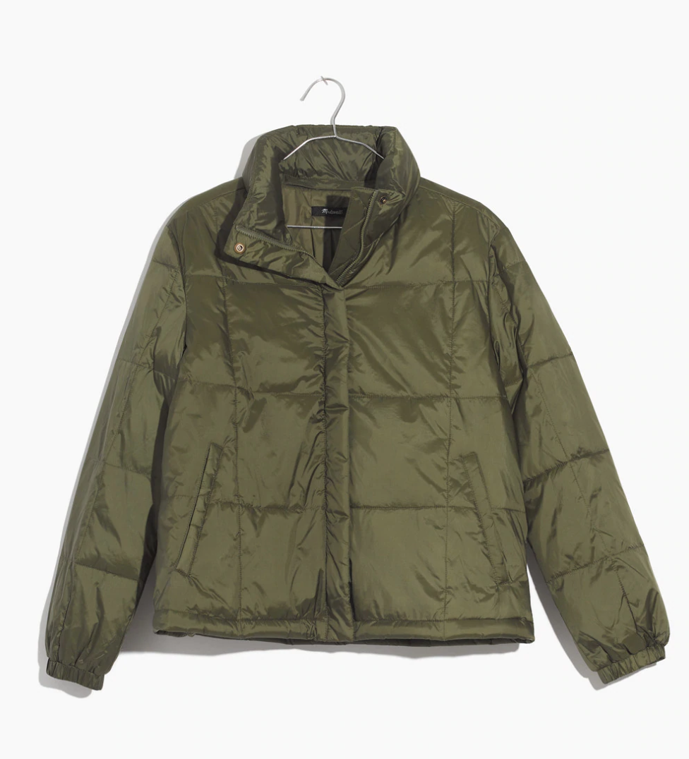  5.  Travel Buddy Packable Puffer Jacket from Madewell  ($128, but it's 25% off right now with code VERYMERRY) I love this jacket so much, I wrote a review and it's on their website: 