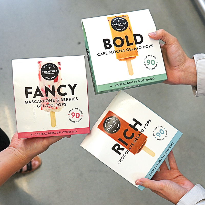 Trentino Gelato Fancy, Bold, and Rich pops boxes designed by 5+8
