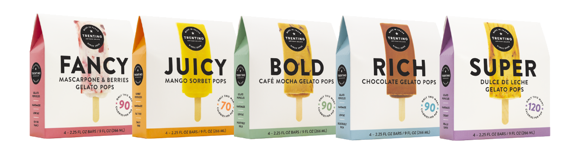 The full Trentino Gelato lineup: Fancy, Juicy, Bold, Rich and Super boxes side by side